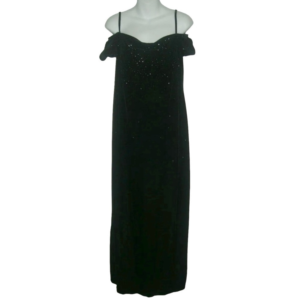 Vintage 90s Robbie Bee Black Crushed Velvet Long Glitter Dress Cold Shoulder y2k